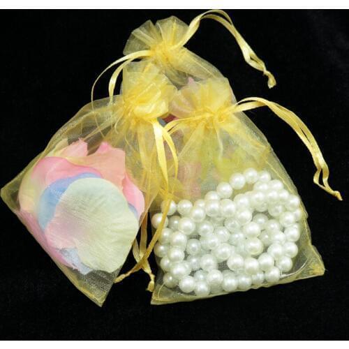 200pcs/lot Wholesale 70*90mm Gold Drawstring Organza Bag Small Drawstring Pouch Gift Bags Wedding Party Favor Packaging Bags