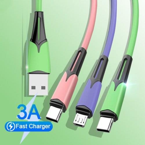 3A Fast Charging Cable 3 In 1 Liquid Silicone Data Cord Micro USB Type 8 Pin Charge Wire For iPhone 12 Pro Max Xiaomi 11 Redmi