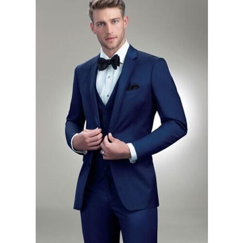 Three Pieces Mens Wedding Suits Slim Fit Royal Blue Button Down V Neck Business Blazer Jackets vest and Pants Costumes