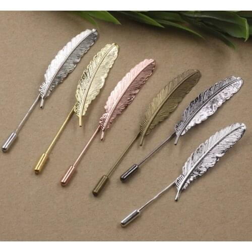 40pcs 50mm Gold/silver color Copper Material Leaf/Feather lapel pin brooch for men suits long stick safety pin wedding jewelry