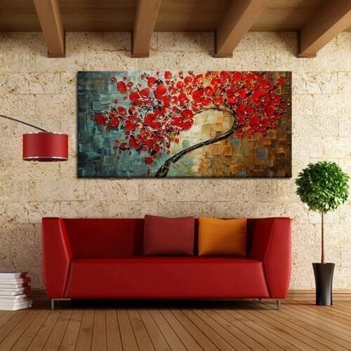Free shipping Abstract Red Flower Tree Knife Oil Painting On Canvas Beautiful Picture Wall Art Home Decor Nice Gift
