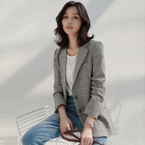 Blazers Women Suit Polyester Fabric Double Button Casual Retro Long Sleeves Ladies Plaid Suit Office Style Spring Autumn