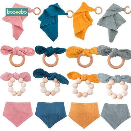Bopoobo 1PC Baby Bib Bunny Ear Wooden Rings Baby Bib Scarf Cotton Towel For DIY Bracelet Baby Saliva Towel Newborn Baby Products