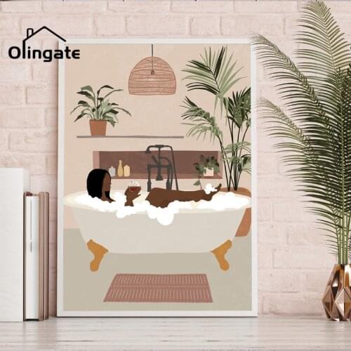 Black Boho Girl Bath Canvas Painting Fashion African Woman Wall Art Print and Pictures Cartoon Wall Art for Bathroom Home Decor