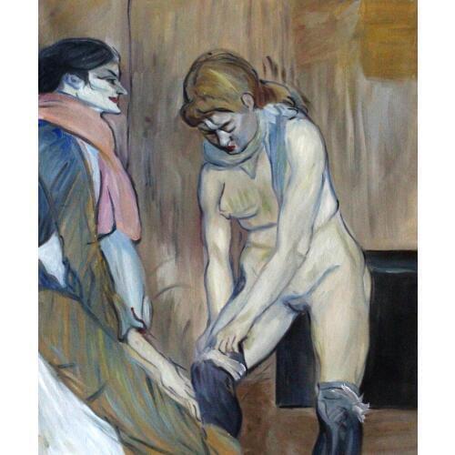 Beautiful Female Oil Painting Woman Pulling up her Stocking Wall Painting Home Decor Art on Canvas for Bathroom Hand Painted