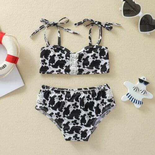 2Pcs Newborn Bathing Suits, Baby Girls Tie-up Printed Boat Neck Spaghetti Strap Bikini Tops + Swimming Bottoms Baby Girl Clothes