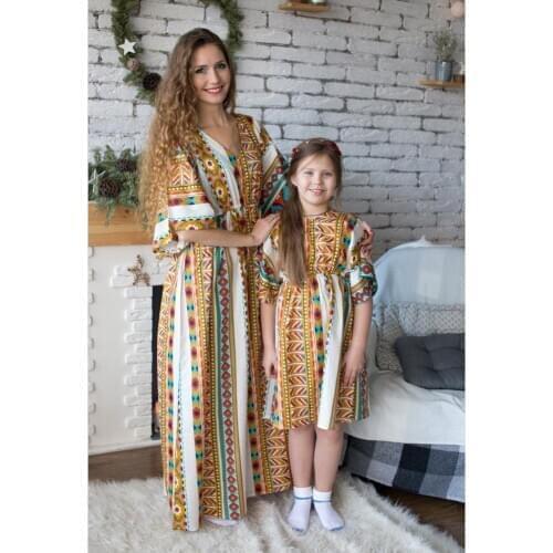 Summer Mother Daughter Bohemia Dresses Geometric Print Family Matching Clothes Short Sleeve V-neck Mom And Me Dress Family Look
