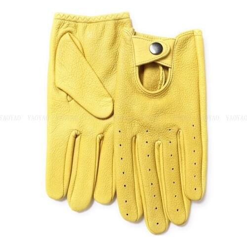 Men Genuine Leather Full Finger Thin Glove Male Hole Punch Yellow/Black Gym Guantes 100% Real Sheep Skin Eldiven Youth Driving