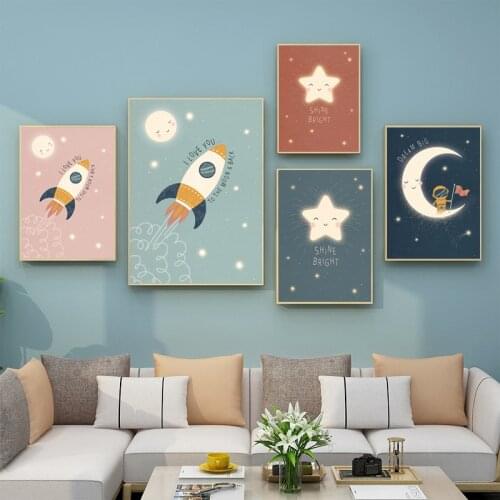 Baby Nursery Canvas Poster Cartoon Rocket Moon Star Wall Print Minimalist Painting Decoration Picture Nordic Kid Bedroom Decor
