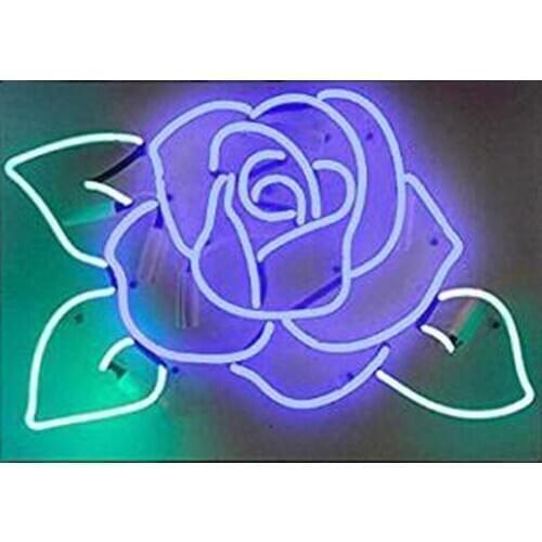 Purple Rose Green Leaves White Backing Handmade Real Glass Tube Flowers Store Advertise Home Decoration Display Neon Sign 17X14"
