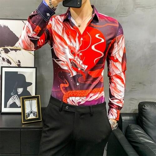 2021 Spring New Stylish Dragon Print Long Sleeve Shirts for Men Clothing Simple Slim Fit Casual Prom Tuxedo Streetwear 3XL-M Red