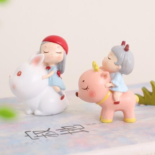 2-piece Fairy Garden Ornament Cartoon Girls Animal Miniature Rabbit Deer Craft Cake Bakery Decoration Home Decor Gift