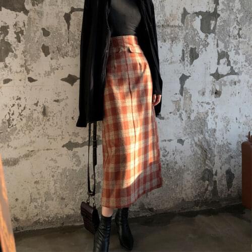 Vintage Long Skirts Women Korean High Waist Plaid Skirts Ladies Autumn Winter Plus Size Skirt jupe femme faldas