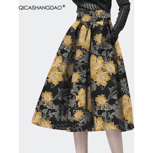Vintage Embroidered Pleated Skirt Women 2020 Autumn New High Waist A-Line Floral Midi Skirts With Pockets Elegant Casual Bottoms