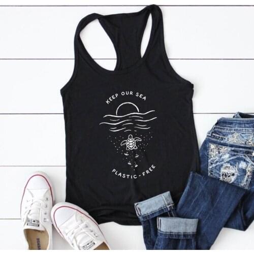Keep Our Sea Plastic Free Tank Funny Environmental Graphic Tops Casual Women Sleeveless Gym Workout Tanks