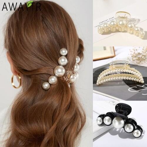 Solid Color Big Pearls Hair Claw Clip Flower Large Barrettes Crab Bat Hairpins Ponytail For Women Girls Hair Accessories Styling