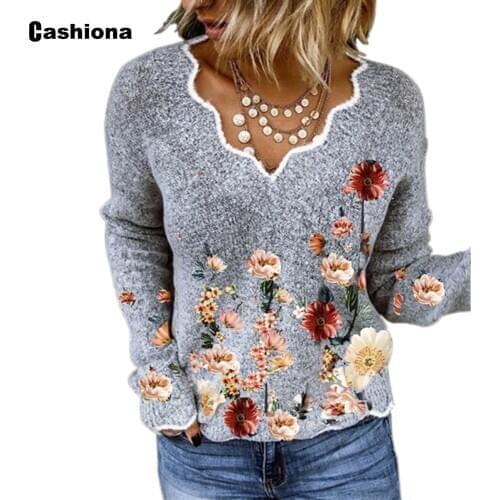 Cashiona Plus size Womens Tops Casual T-shirt Boho Flower Print Tee Loose 2021 Spring Autumn Knitting Shirt Clothing Femme 3xl