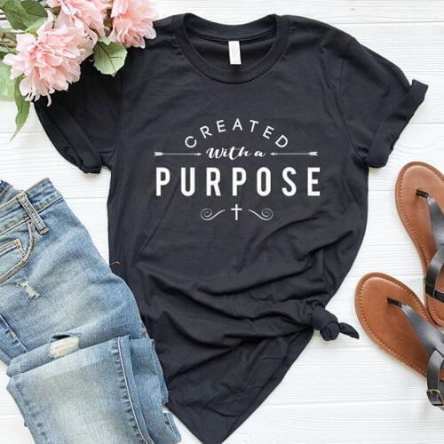 Created with A Purpose Cross T Shirts Casual Women Christian Faith Tee Shirt Femme Tumblr Grunge Short Sleeve Top Drop Shipping