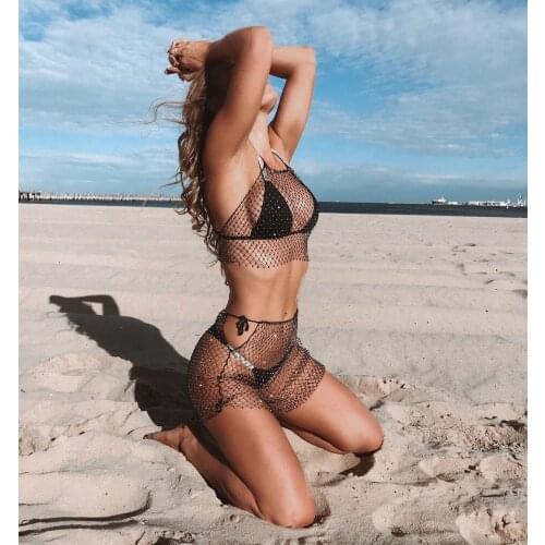 Women Black/White Sexy Club Beach Fishnet Mesh See Through Crystal Rhinestone Glitter High Waist Bikini Cover Ups