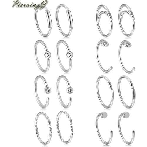 PiercingJ 16pcs Stainless Steel 20G Round Hoop Nose Rings Nose Studs Cartilage Tragus Daith Septum Ear Cuff Helix Lip Stud Rings