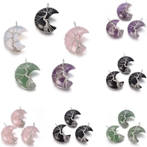3Pcs Natural Crystal Pendant Obsidian Amethysts Reiki Healing Stone Tree of Life Wire Wrapped Crescent Moon Charm For Necklace