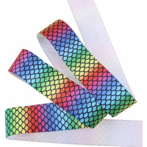5/8"-1" heat transfer rainbow mermaid scale fold over elastic 100yards/lot welcome custom printed