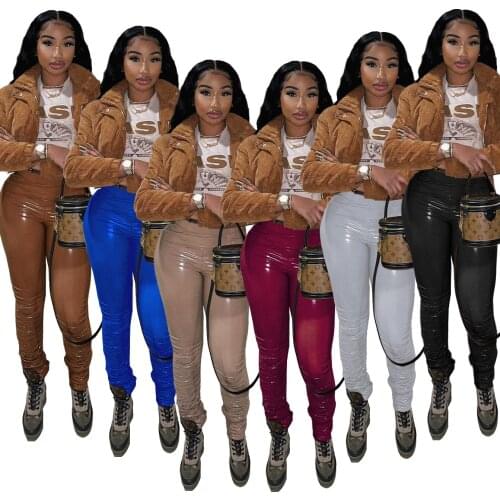 Adogirl Woman Solid Color Pu Leather Pants High Waist Bell Bottom Ruched Stack Trousers Draped Casual Pencil Trousers S-XXL