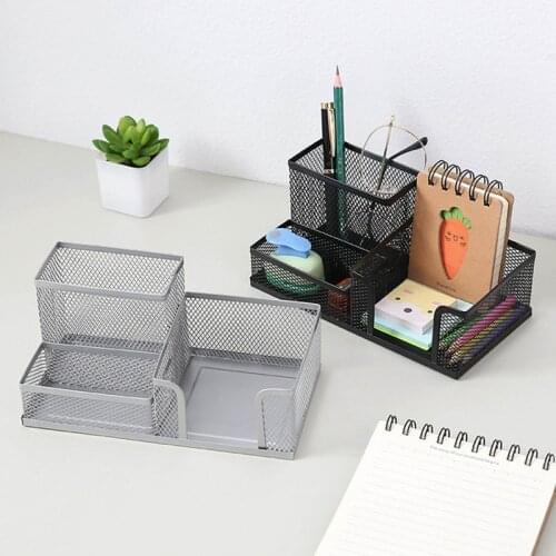 Black Silver Metal Mesh Desk Organizer Desktop Pen Holders Sundries Sorter Pencil Case Office Home Stationery Storage Box Holder