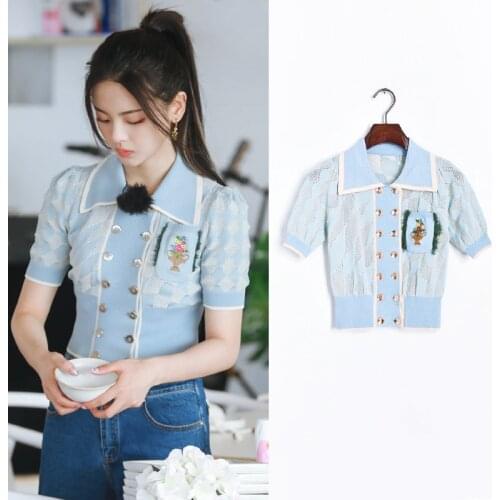 Brand Design 2020 Summer Vintage Double-breasted Lapel Hollow Embroidery Pocket Short-sleeved Plaid Knit Women Short Clothes