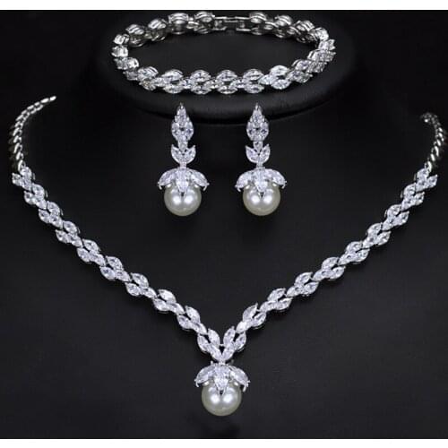 New 100% 925 Sterling Silver Pearl AAAA Zircon Jewelry Sets for Women Wedding Engagement Necklace/Earrings/Bracelet Set