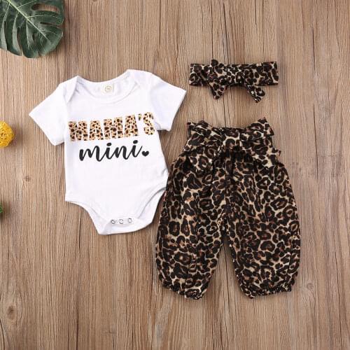 0-18M Newborn Infant Baby Girl Summer 3Pcs Clothing Set Short Sleeve Print Letter Romper Top Leopard Long Pant Headband Set