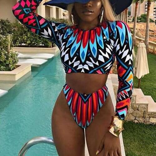 Hirigin Long Sleeve Two Piece Swimsuit Print Swimwear Women Plus Size Bikini Set Sexy African High Waist Bathing Suit Brazilian