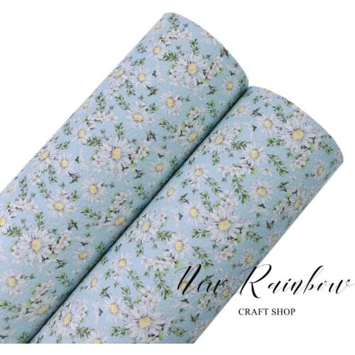 New Rainbow Gracefull Light Blue Daisies & Wildflowers Printed Faux Leatherette Sheet A4 Size For Bow Crafts, Accessories