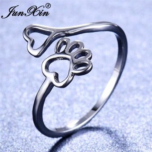 Cute Female Bear Dog Cat Paw Ring silver color Open Heart Claw Thin Ring Footprint Wedding Rings For Women