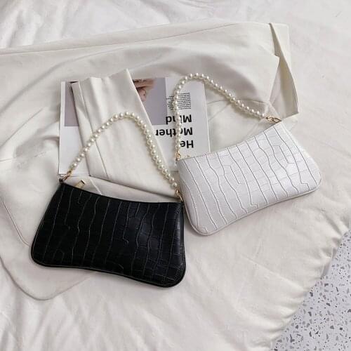 Fashion Women PU Leather Solid Color Underarm Shoulder Bag Casual Ladies Alligator Pattern Pearl Chain Small Handbags Purse
