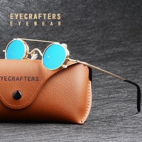 Retro Vintage Fashion Womens Small Round Metal Steampunk Sunglasses Men Double Bridge John Lennon Sunglasses Removable Blue Lens
