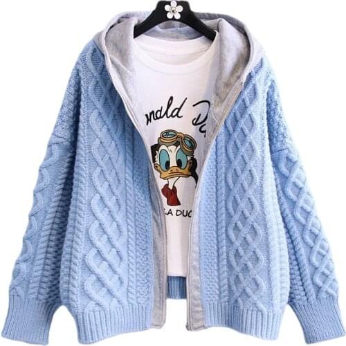 Autumn Winter Women Loose Thicken Knitted Cardigan Coat Women Korean Fashion Stitching Casual Hooded Warm Sweater Jacket