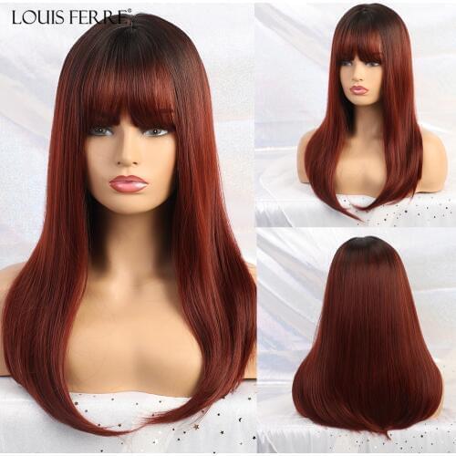 LOUIS FERRE Ombre Black Wine Red Long Wig Bob Straight Synthetic Wig with Bangs for Black Women Afro Cosplay Bobo Heat Resistant