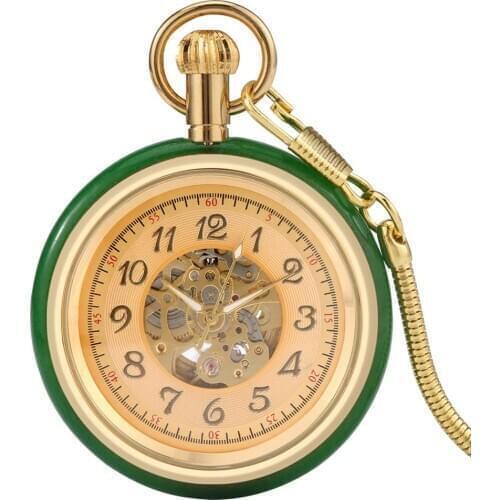 Luxury reloj Unique Jade Golden Automatic Mechanical Pocket Watch Self-Winding Clock Skeleton Dial Jewelry Watch FOB Snake Chain