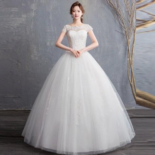 Wedding Dresses Illusion O-Neck Short Tulle Lace Pearls Embroidery Backless Floor-Length Vintage White Women Bridal Gown G519