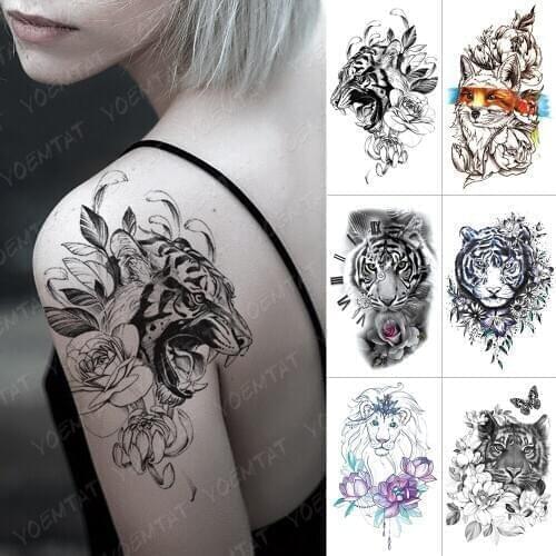 Waterproof Temporary Tattoo Sticker Tiger Lion Fox Butterfly Clock Flash Tattoos Rose Flower Body Art Arm Fake Tatoo Women Men