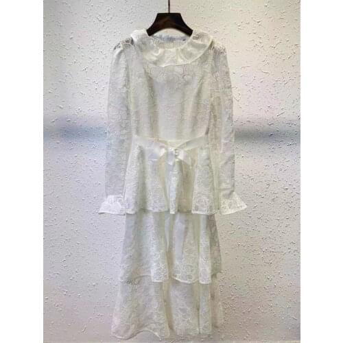 Top Quality Womens Dress 2021 Spring Wedding Party Ladies Allover Exquisite Embroidery Long Sleeve Cascading Ruffle Dress White