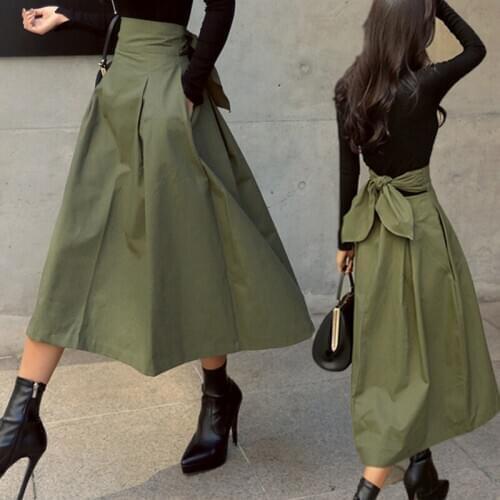 New Women Spring Skirts Fashion Solid Color Long Skirt Female Autumn Wild High Waist Big Swing Bow Slim Casual Army Green Skirts