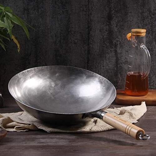 Hand Forged Iron Wok, Profession Chinese Traditional Wok Pan Household Kitchen Cookware with Wooden Handles, No Fumes, Non-Stick