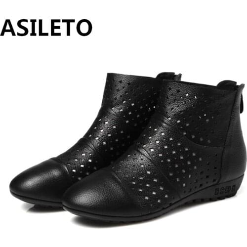 ASILETO Women Genuine Leather Shoes Ankle boots High Quality Hollow Zipper Solid Spring Summer Boots Female Women Shoes S2391