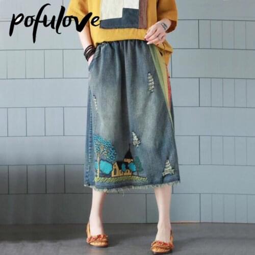 Women Vintage Jeans Skirts Plus Size Loose Midi Long Denim Skirt A Line Cartoon Embroidery Blue Ripped Harajuku Faldas Elegant