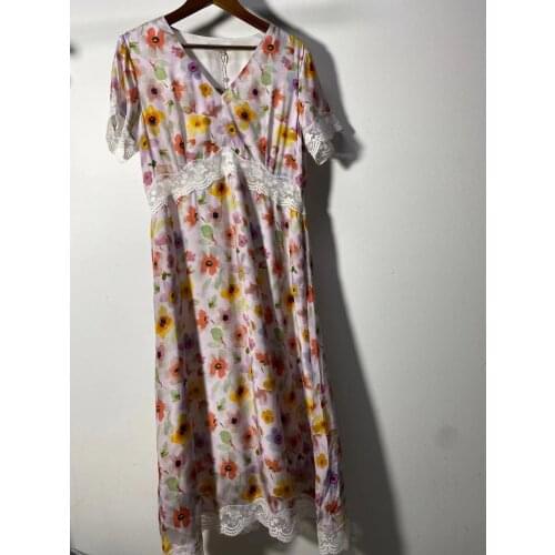 Womens Long Dress Floral Printed Lace Stitching Short Sleeve V-Neck Robe Summer 2021 New Ladies Mid-Calf for Holiday