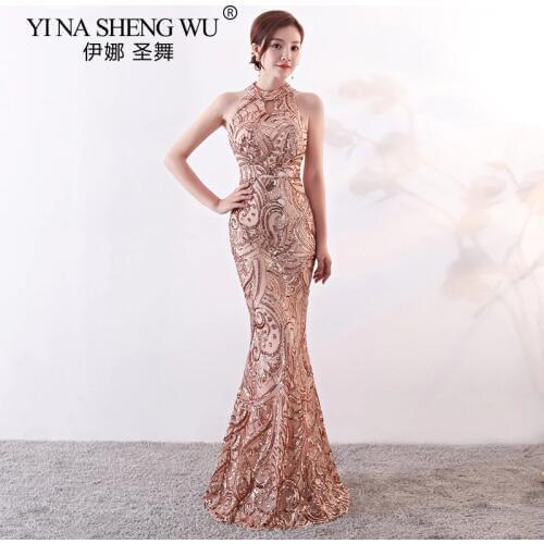 New Sequin Gold Long Gown Mermaid Halter Sleeveless Elegant Formal Dress For Ladies Robe De Soiree Paillette Gala Jurken Dame