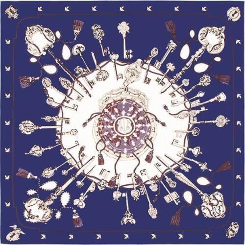 100cm Silk Square Scarf Women Scarves Vintage Metal Key Chain Print Bandana Female Designer Shawl and Wrap Muslim Lady Foulard