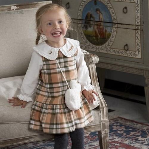 DBZ18513 dave bella autumn baby girls fashion plaid draped dress with a small bag party dress kids infant lolita 2pcs clothes